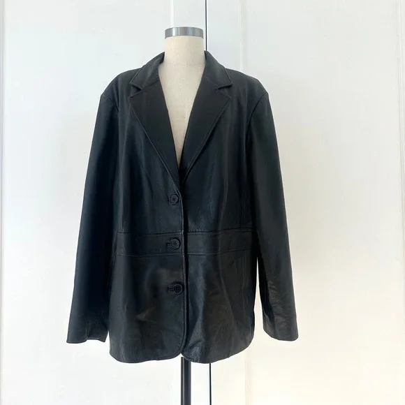 Vintage Covington Woman Black Genuine Leather Blazer Jacket Paisley Lining L-XL - Picture 7 of 8